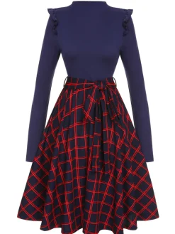 Online Retro Stage 1950s Long Sleeve Plaid Dress Blue