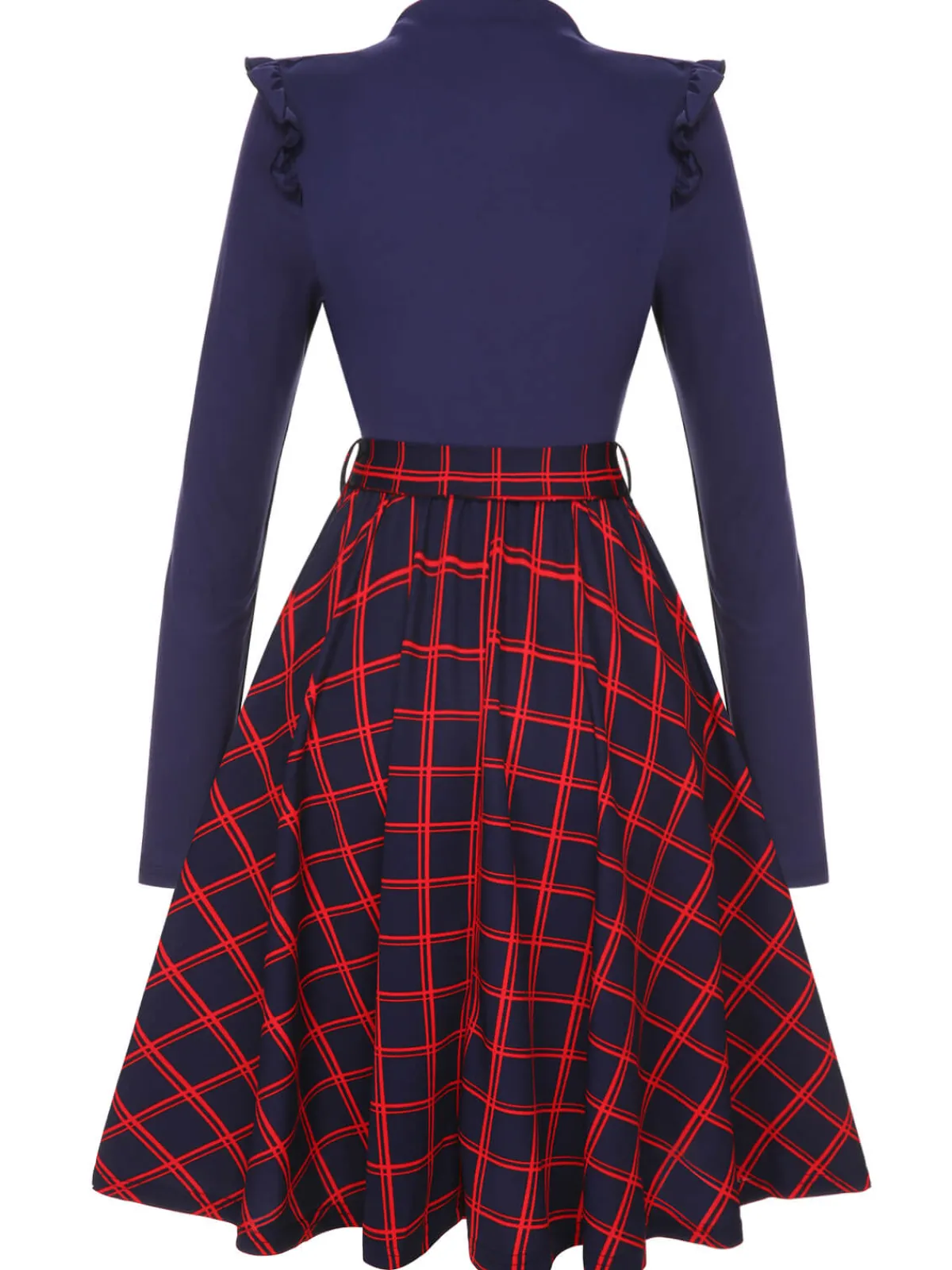 Online Retro Stage 1950s Long Sleeve Plaid Dress Blue