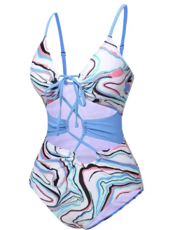 Fashion Retro Stage 1970s Marble Print Hollow One-Piece Swimsuit Blue