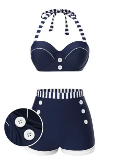 Clearance Retro Stage Blue 1940s Navy Style Patchwork Swimsuit Dark Blue