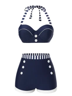 Clearance Retro Stage Blue 1940s Navy Style Patchwork Swimsuit Dark Blue