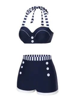 Clearance Retro Stage Blue 1940s Navy Style Patchwork Swimsuit Dark Blue