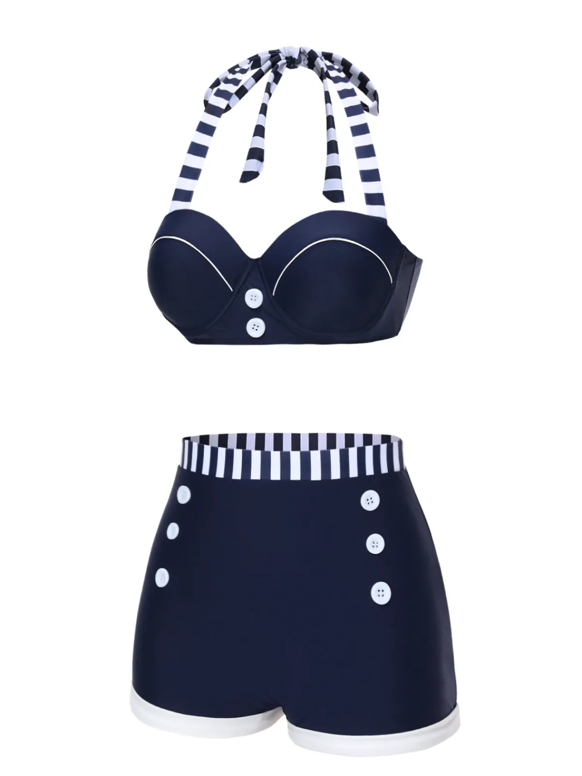 Clearance Retro Stage Blue 1940s Navy Style Patchwork Swimsuit Dark Blue