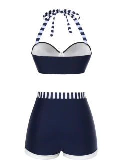 Clearance Retro Stage Blue 1940s Navy Style Patchwork Swimsuit Dark Blue