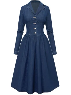 Clearance Retro Stage Blue 1970s Notched Collar Long Denim Dress Deep Blue