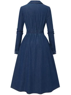 Clearance Retro Stage Blue 1970s Notched Collar Long Denim Dress Deep Blue