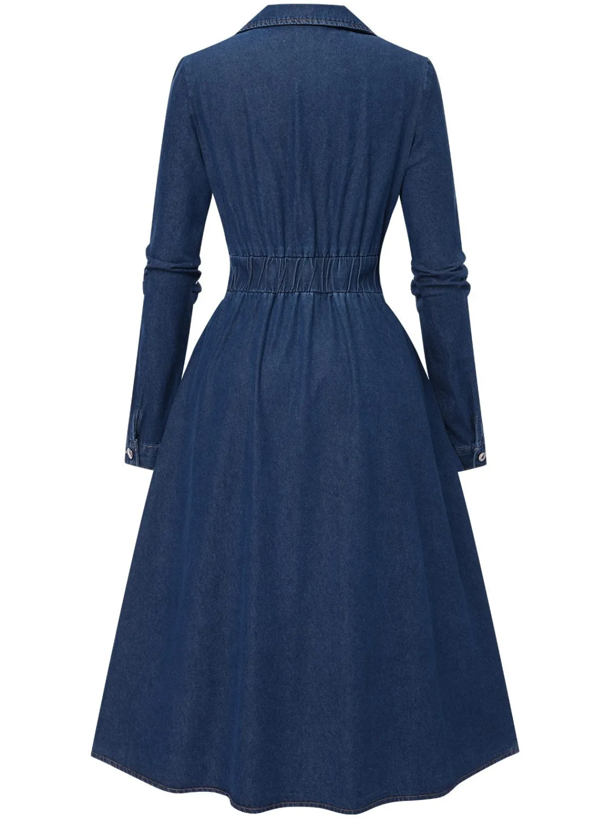 Clearance Retro Stage Blue 1970s Notched Collar Long Denim Dress Deep Blue