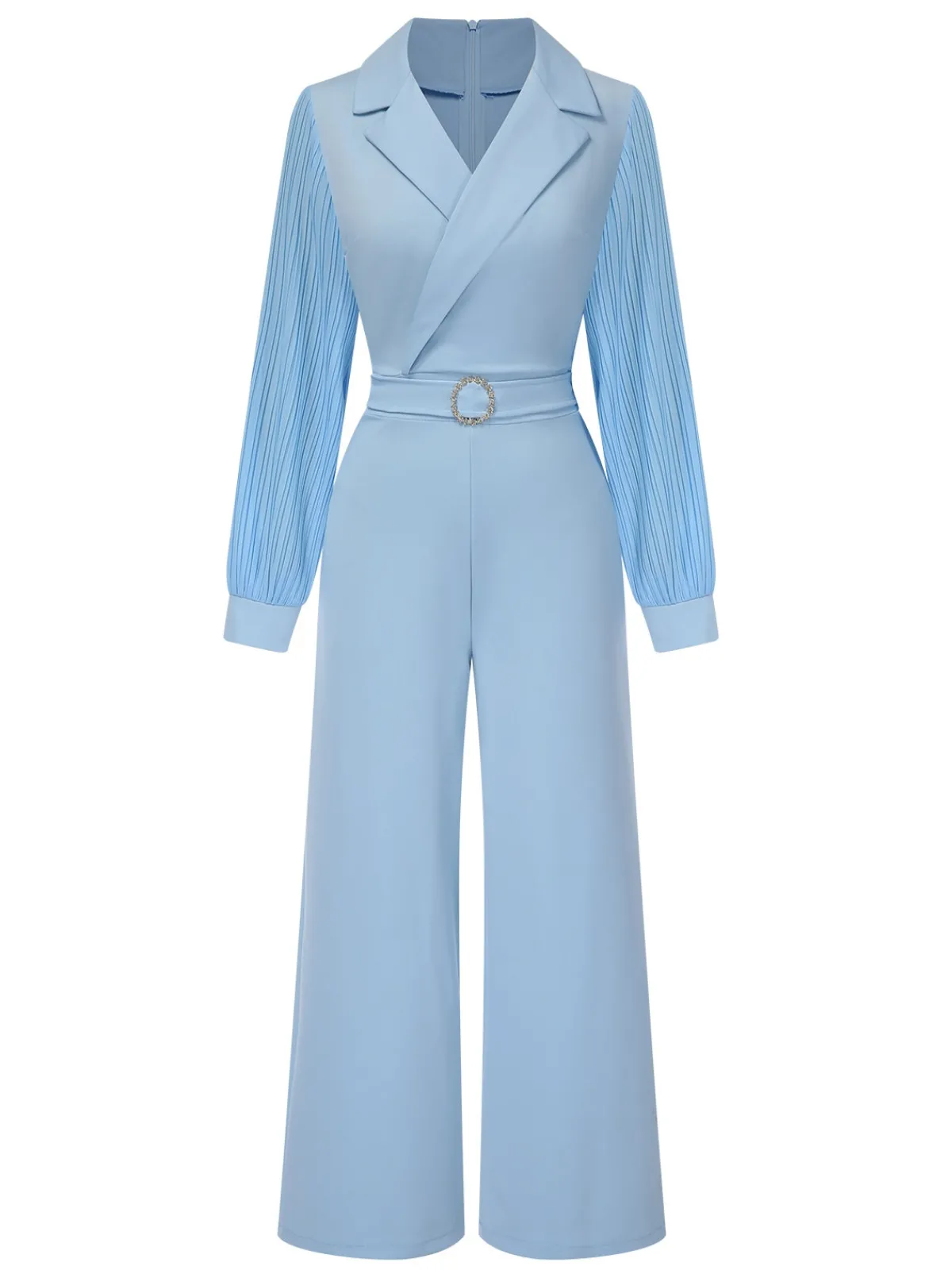 Discount Retro Stage Blue 1930s Notched Collar Patchwork Jumpsuit Light Blue