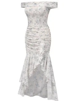 Online Retro Stage 1930s Off-Shoulder Floral Ruffles Hem Dress Blue