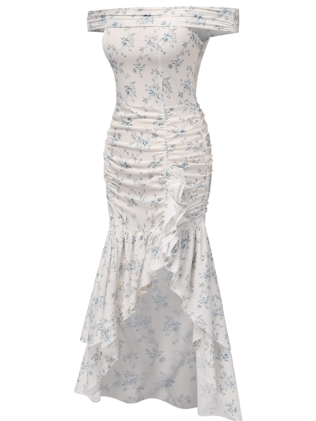 Online Retro Stage 1930s Off-Shoulder Floral Ruffles Hem Dress Blue