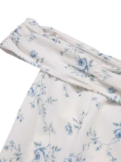 Online Retro Stage 1930s Off-Shoulder Floral Ruffles Hem Dress Blue