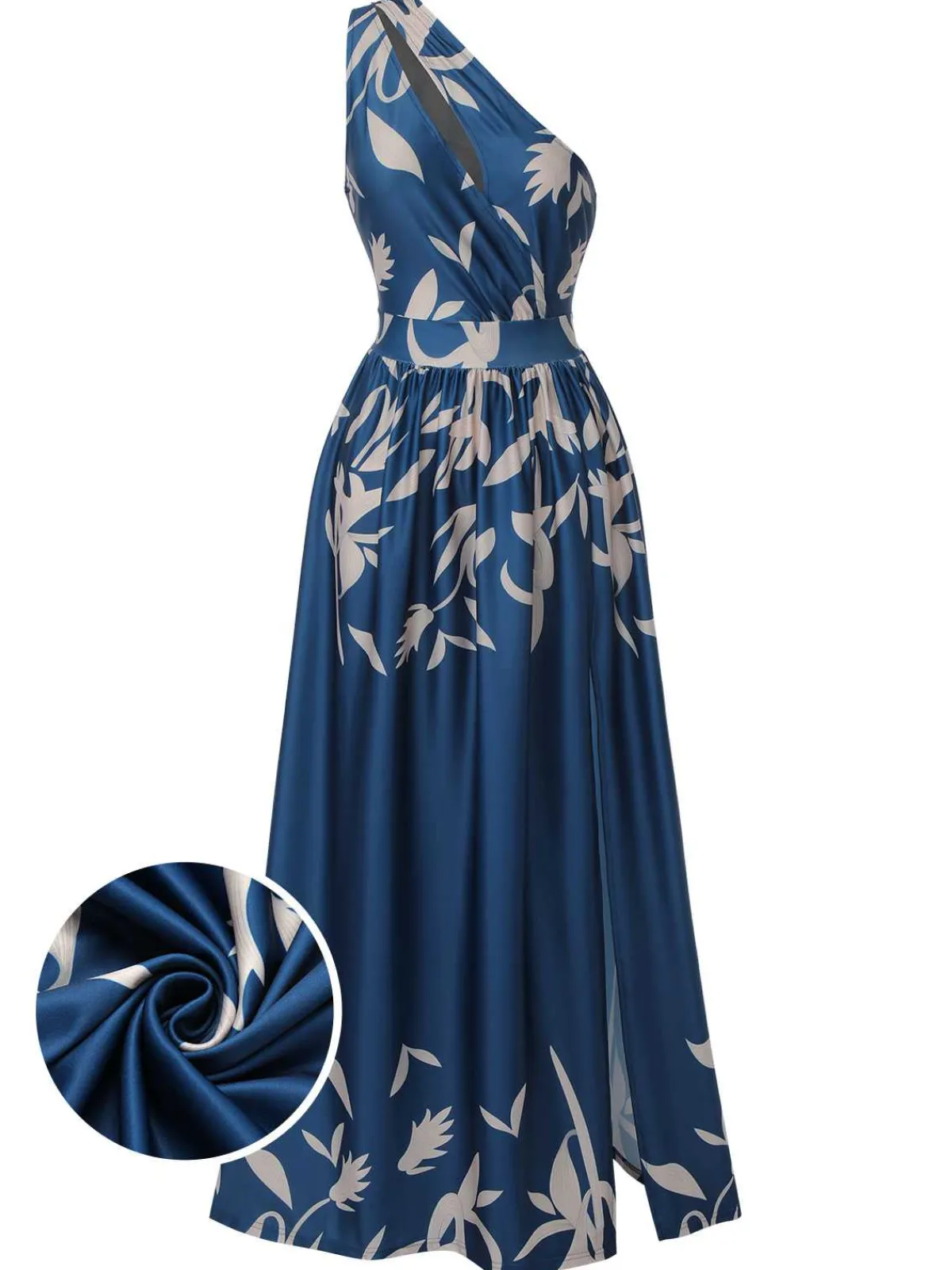 Best Retro Stage 1940s One-Shoulder Plants Slit Dress Blue