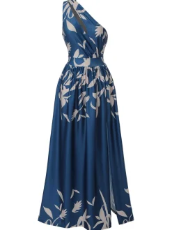Best Retro Stage 1940s One-Shoulder Plants Slit Dress Blue