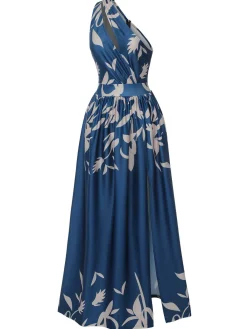 Best Retro Stage 1940s One-Shoulder Plants Slit Dress Blue