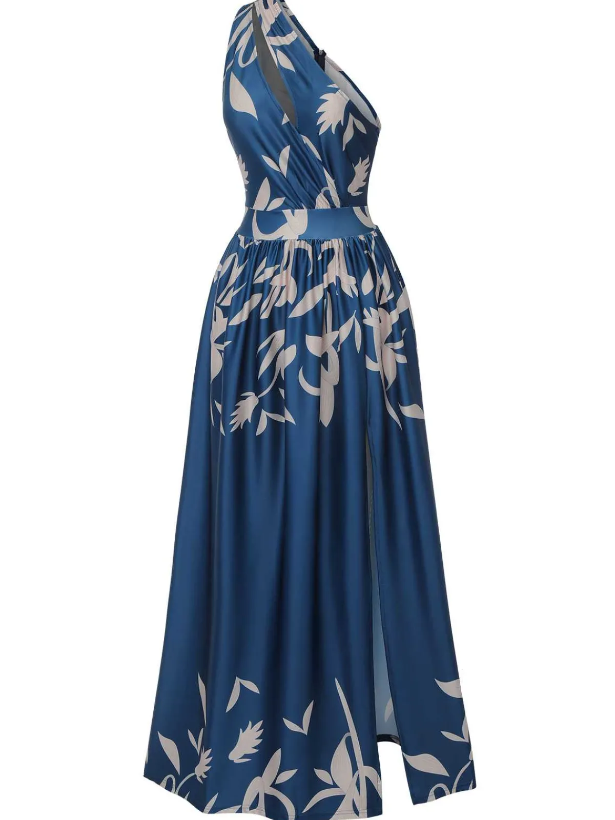 Best Retro Stage 1940s One-Shoulder Plants Slit Dress Blue