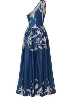 Best Retro Stage 1940s One-Shoulder Plants Slit Dress Blue