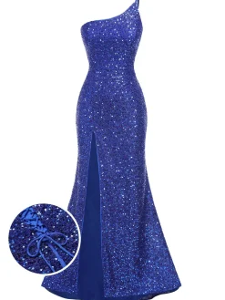 New Retro Stage 1920s One-Shoulder Sequined Mermaid Dress Blue