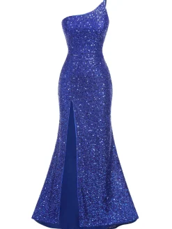 New Retro Stage 1920s One-Shoulder Sequined Mermaid Dress Blue
