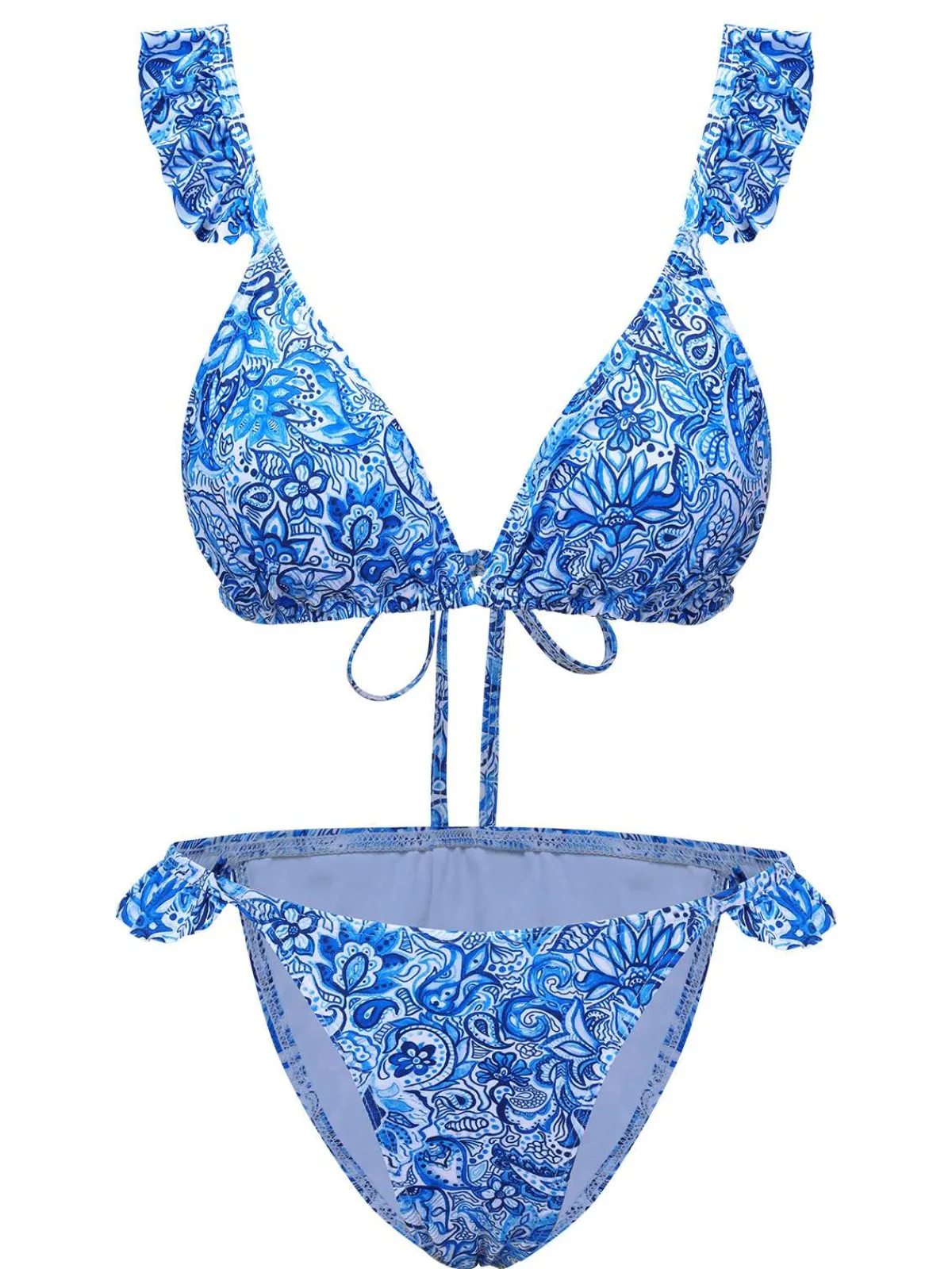 Discount Retro Stage 1950s Paisley Print Ruffle Trim Triangle Bikini Swimsuit Blue