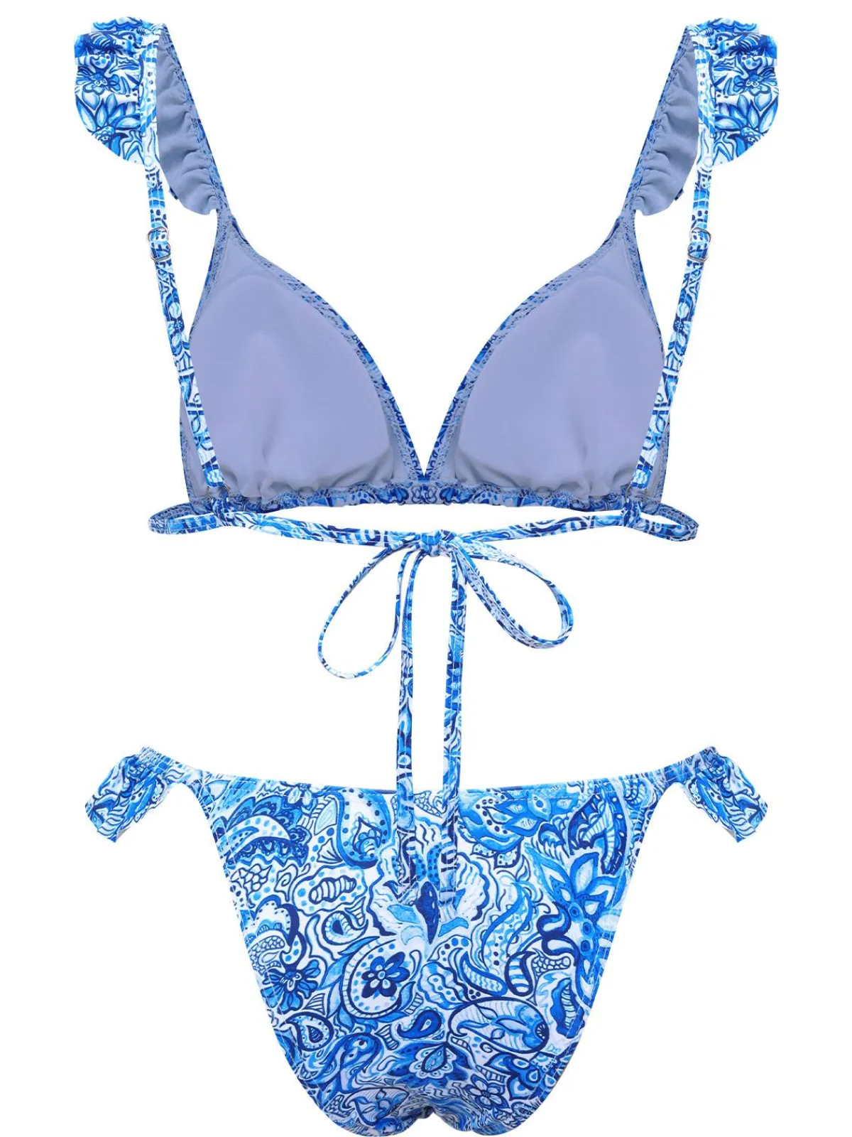Discount Retro Stage 1950s Paisley Print Ruffle Trim Triangle Bikini Swimsuit Blue