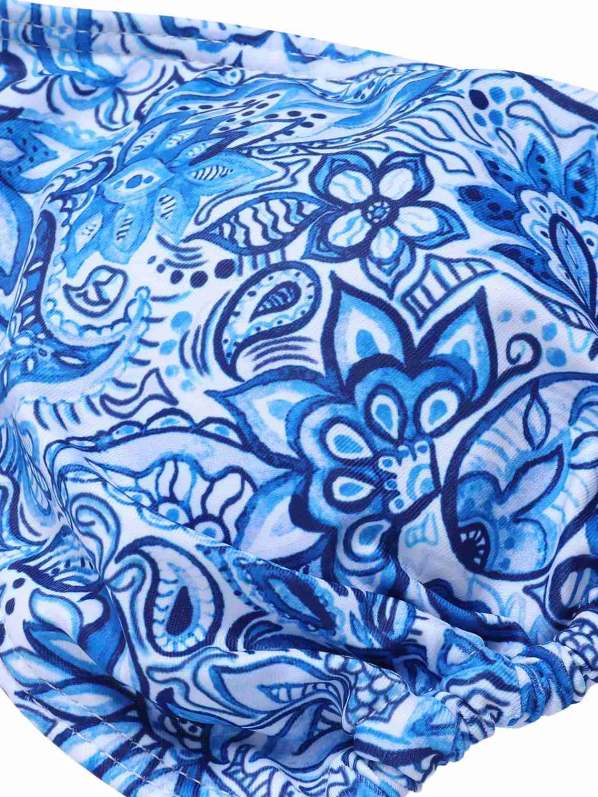 Discount Retro Stage 1950s Paisley Print Ruffle Trim Triangle Bikini Swimsuit Blue