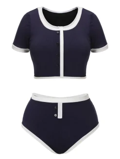 Discount Retro Stage Blue 1940s Patchwork Buttoned Swimsuit