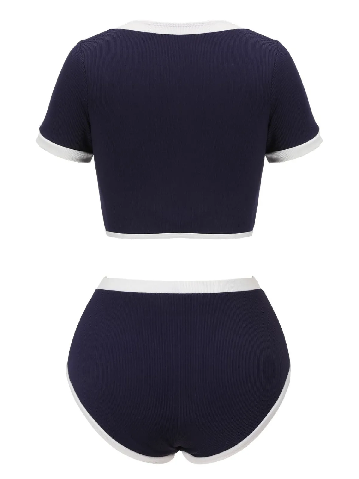Discount Retro Stage Blue 1940s Patchwork Buttoned Swimsuit