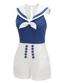 Best Retro Stage 1950s Patchwork Halter Navy Romper Blue