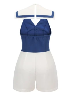 Best Retro Stage 1950s Patchwork Halter Navy Romper Blue