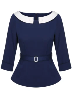 Clearance Retro Stage 1960s Peter Pan Collar Belt Top Blue