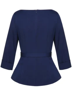 Clearance Retro Stage 1960s Peter Pan Collar Belt Top Blue