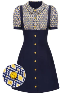 Fashion Retro Stage Blue 1960s Peter Pan Collar Diamond-Print Dress Cobalt Blue