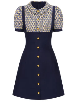 Fashion Retro Stage Blue 1960s Peter Pan Collar Diamond-Print Dress Cobalt Blue