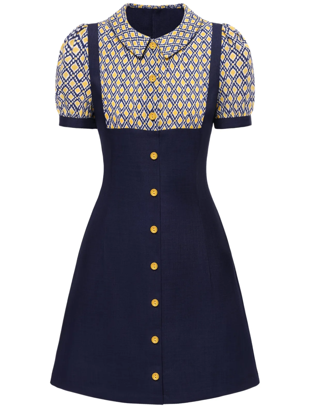 Fashion Retro Stage Blue 1960s Peter Pan Collar Diamond-Print Dress Cobalt Blue