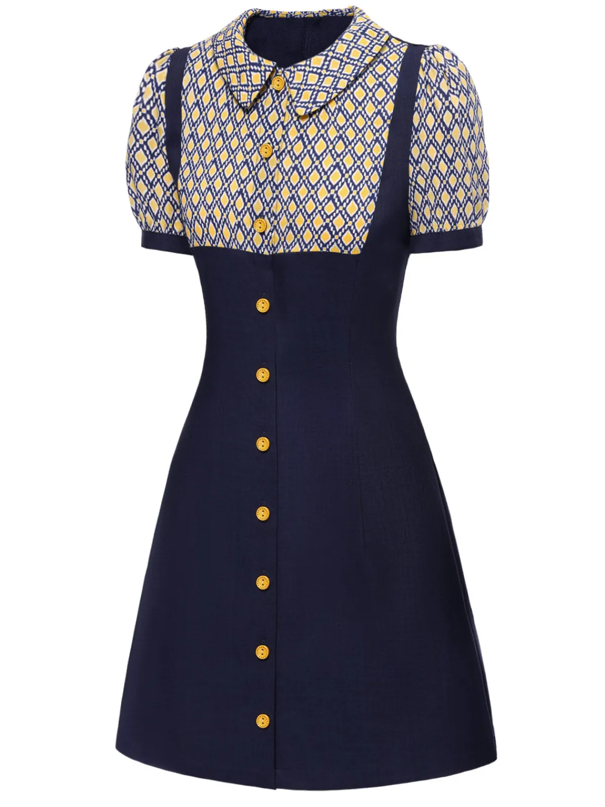 Fashion Retro Stage Blue 1960s Peter Pan Collar Diamond-Print Dress Cobalt Blue