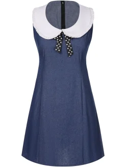 Outlet Retro Stage 1960s Peter Pan Collar Denim Dress Blue