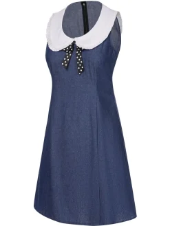 Outlet Retro Stage 1960s Peter Pan Collar Denim Dress Blue