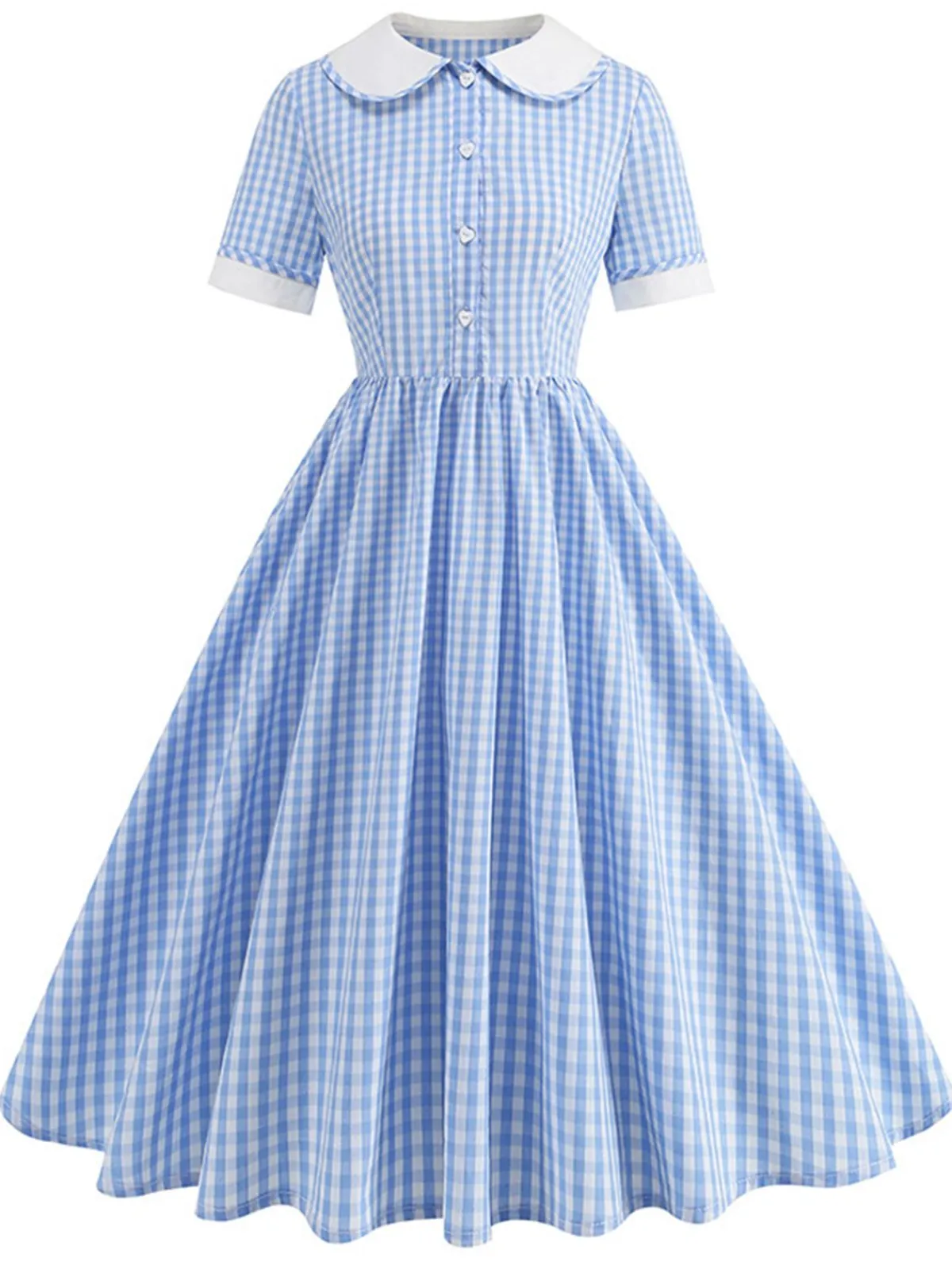 Best Retro Stage 1950s Peter Pan Collar Gingham Plaid Dress Blue