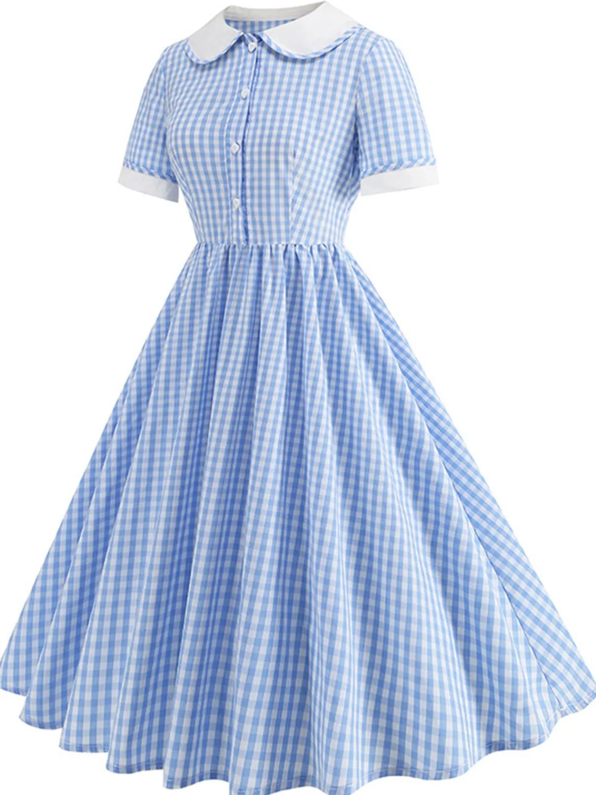Best Retro Stage 1950s Peter Pan Collar Gingham Plaid Dress Blue