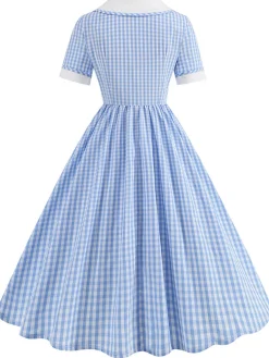 Best Retro Stage 1950s Peter Pan Collar Gingham Plaid Dress Blue