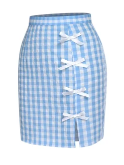Best Retro Stage 1960s Plaid BowKnot Skirts Blue