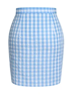 Best Retro Stage 1960s Plaid BowKnot Skirts Blue