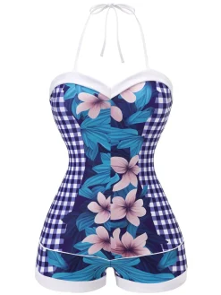 New Retro Stage 1950s Plaid Floral Swimsuit Blue