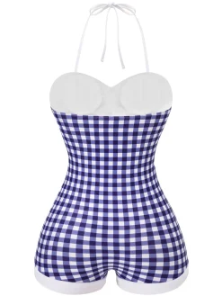 New Retro Stage 1950s Plaid Floral Swimsuit Blue