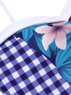 New Retro Stage 1950s Plaid Floral Swimsuit Blue