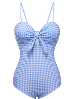 Sale Retro Stage 1950s Plaid Knot Strap Swimsuit Blue