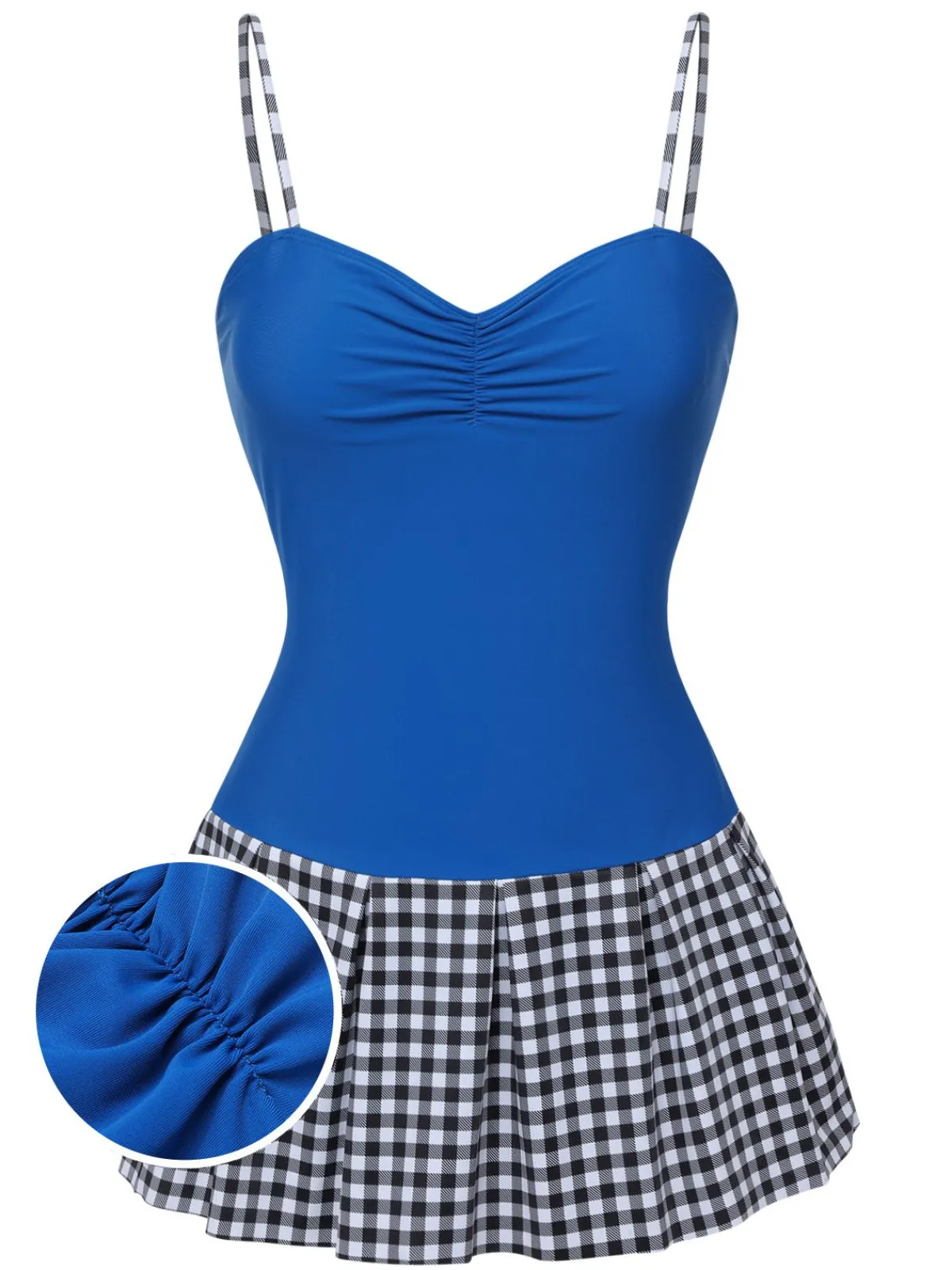 Sale Retro Stage 1960s Plaid Patchwork Strap Swimsuit Blue