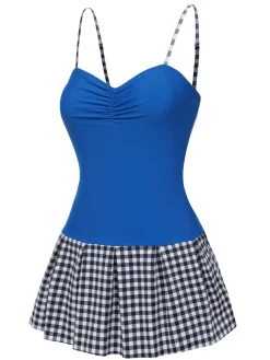 Sale Retro Stage 1960s Plaid Patchwork Strap Swimsuit Blue