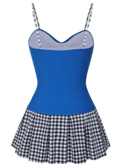 Sale Retro Stage 1960s Plaid Patchwork Strap Swimsuit Blue