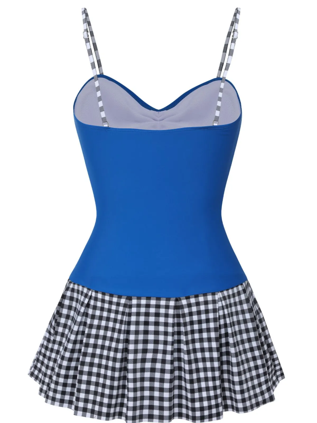 Sale Retro Stage 1960s Plaid Patchwork Strap Swimsuit Blue